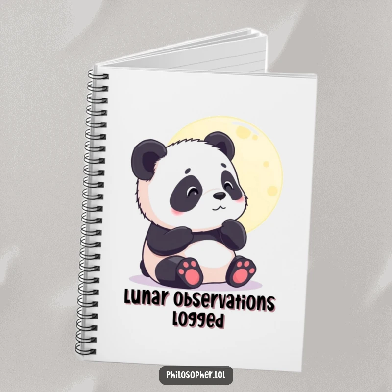 Funny notebook with a contented panda cub gazing thoughtfully at the moon. Perfect for journaling dreams. Gift.
