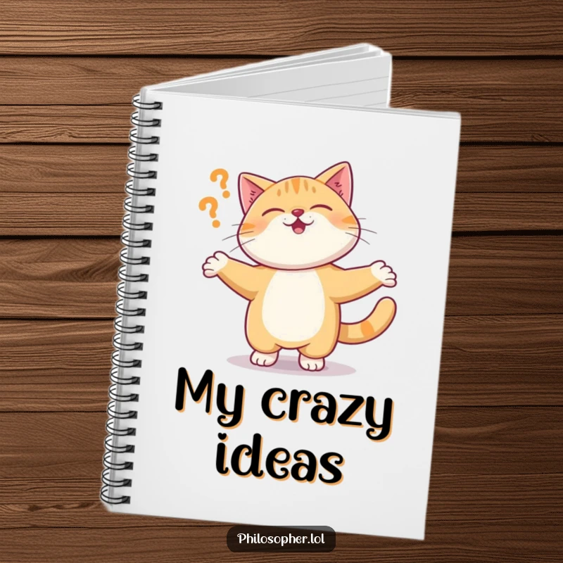 Funny notebook cover with a giggling cat spinning in a circle, symbolizing the delightful chaos of creative thought.