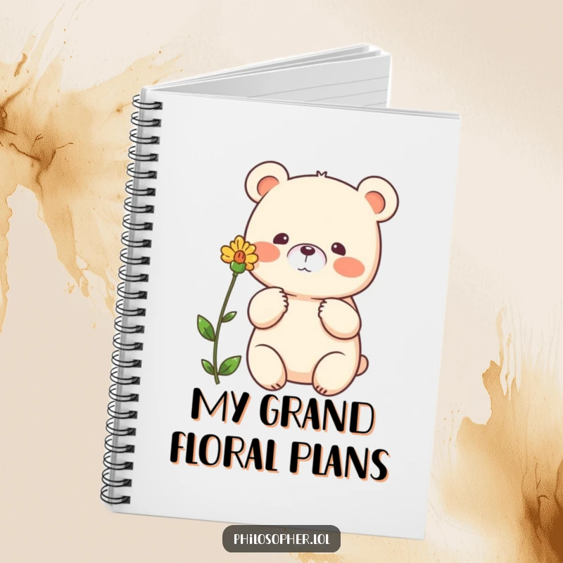 Funny bear notebook, beaming bear gesturing thoughtfully towards a single flower, journal, cute animal design.
