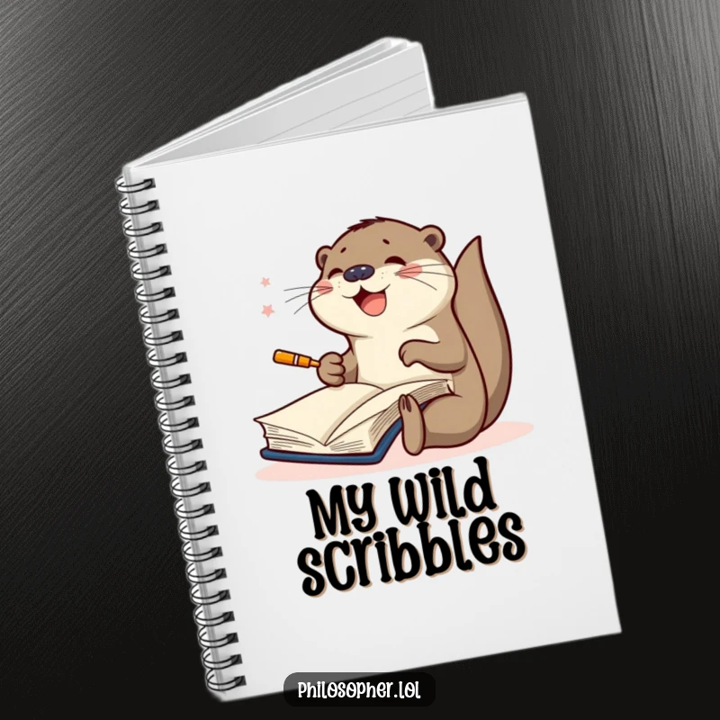 Funny notebook cover featuring a joyful otter furiously scribbling in a large book, inspiring intense creativity and artistic expression.
