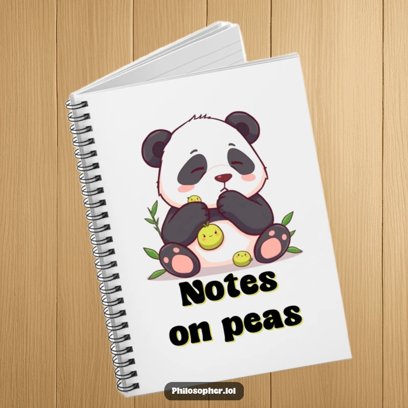 Funny notebook featuring a panda intensely contemplating a single pea, ideal for jotting down notes with a humorous flair.