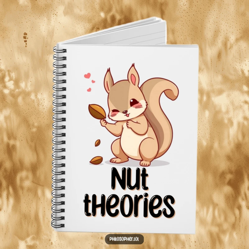 Funny squirrel notebook featuring a dramatic squirrel contemplating causality and a falling nut.