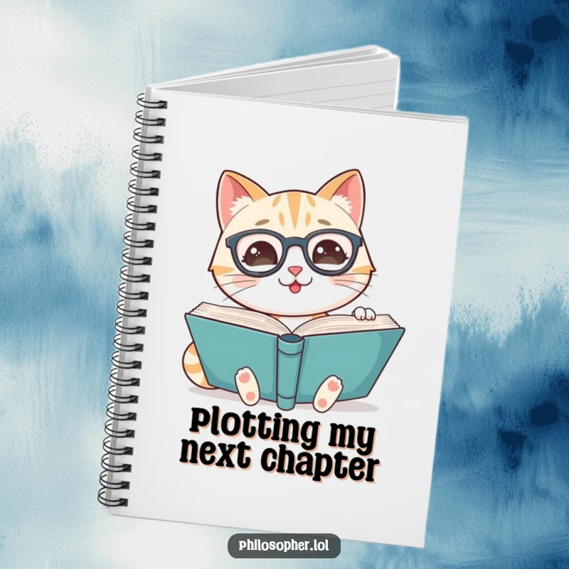 Funny notebook featuring a smiling cat wearing spectacles, reading a large book, for jotting down literary ideas.