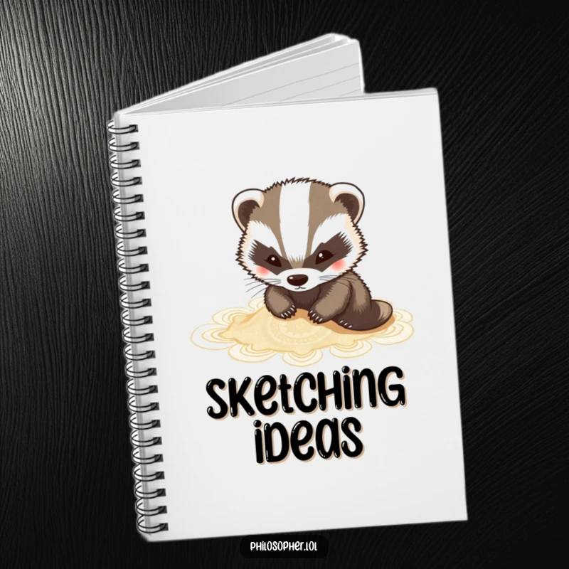 Funny badger notebook featuring a charming badger sketching intricate sand patterns, perfect for creative notes.