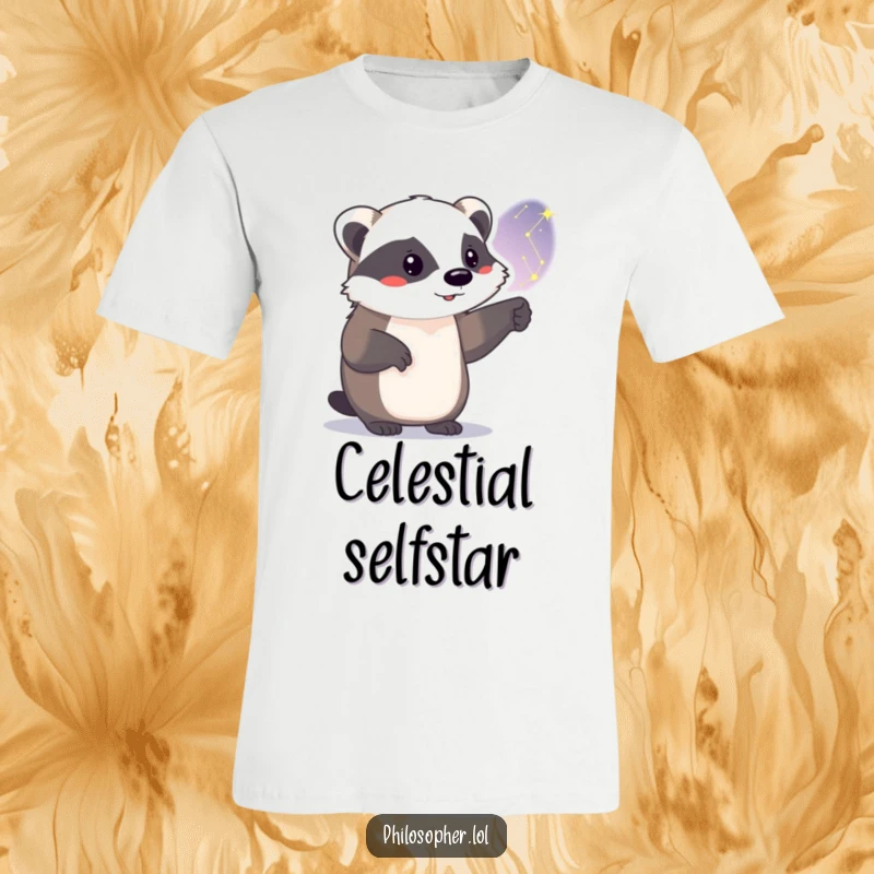 Funny badger t-shirt, proud stance, pointing at a starry constellation, night sky theme, humorous graphic.
