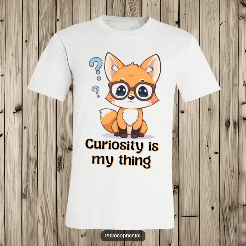 Funny t-shirt with a curious fox cub in spectacles, contemplating a floating question mark, symbolizing curiosity and intellect humorously.