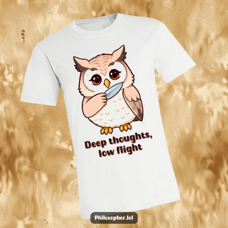 Funny thoughtful owl t-shirt showing an owl stroking its chin with a feather, exuding wisdom and humor.
