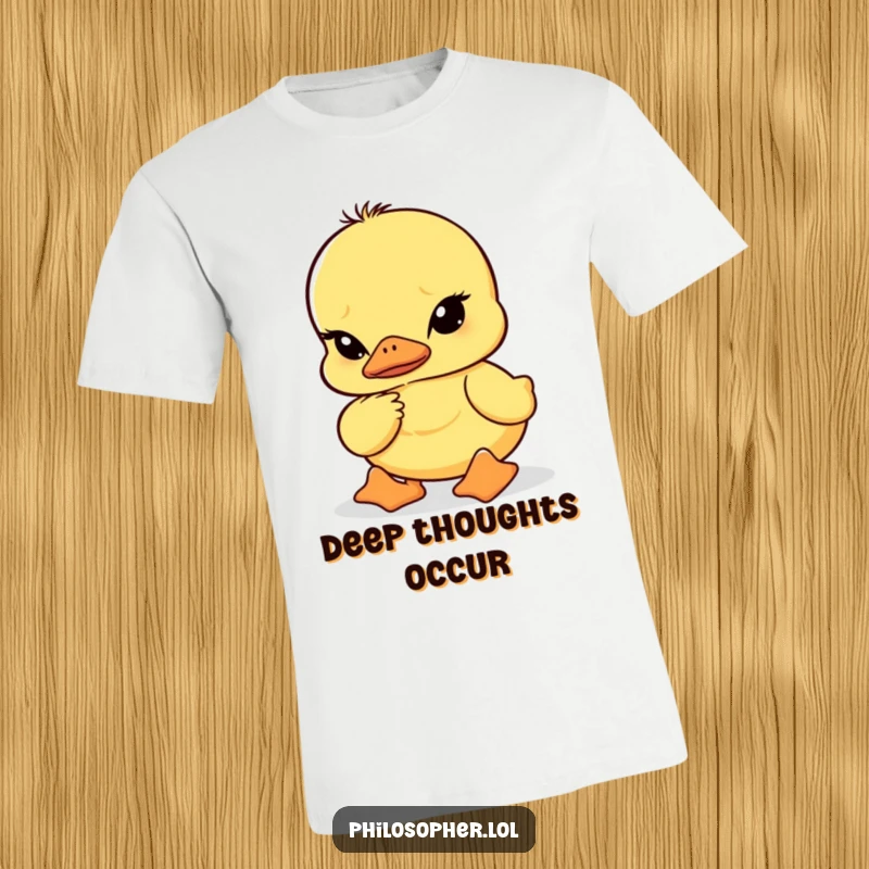 Funny t-shirt featuring a duckling with furrowed brows contemplating deeply, expressing comical seriousness and intellectual charm.