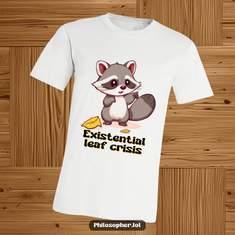 Funny t-shirt featuring a mischievous raccoon excitedly pointing at a fallen leaf, contemplating its profound significance. Giftable.