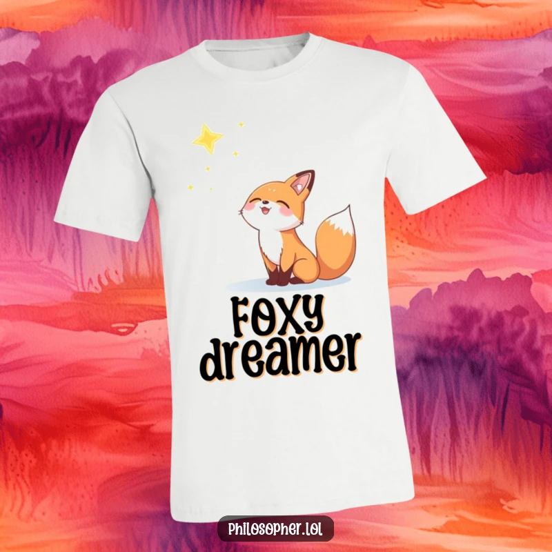 Funny t-shirt with a joyful fox looking up at a twinkling star, embodying hope and dreams.