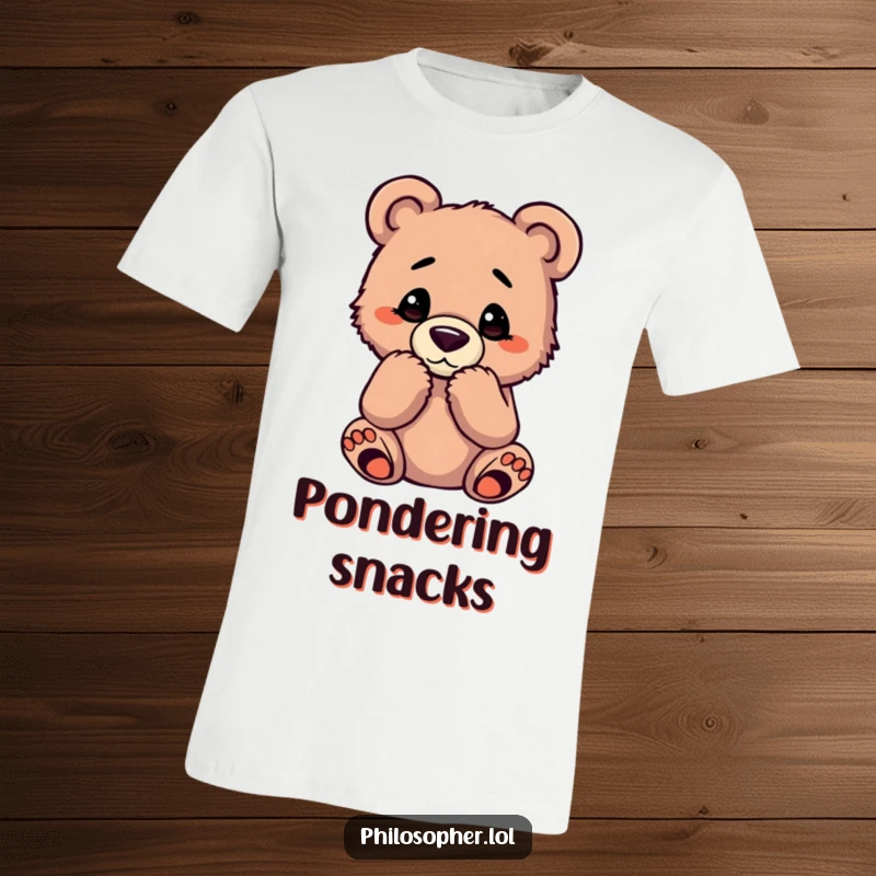 Funny bear cub t-shirt featuring an adorable cub in a classic thinking pose, looking profoundly contemplative.