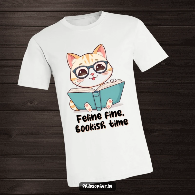 Funny t-shirt with a smiling cat wearing spectacles, deeply engaged in reading a large book, showcasing a love for literature.