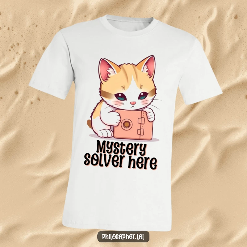 Funny cat t-shirt with a curious cat focused on unlocking a tiny box, showcasing playful investigation and humor.