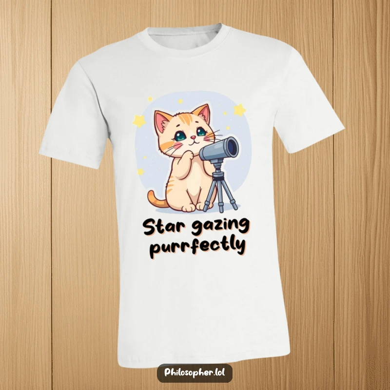 Funny t-shirt print of a curious cat using a telescope to gaze at stars, representing fascination with the cosmos and playful exploration.