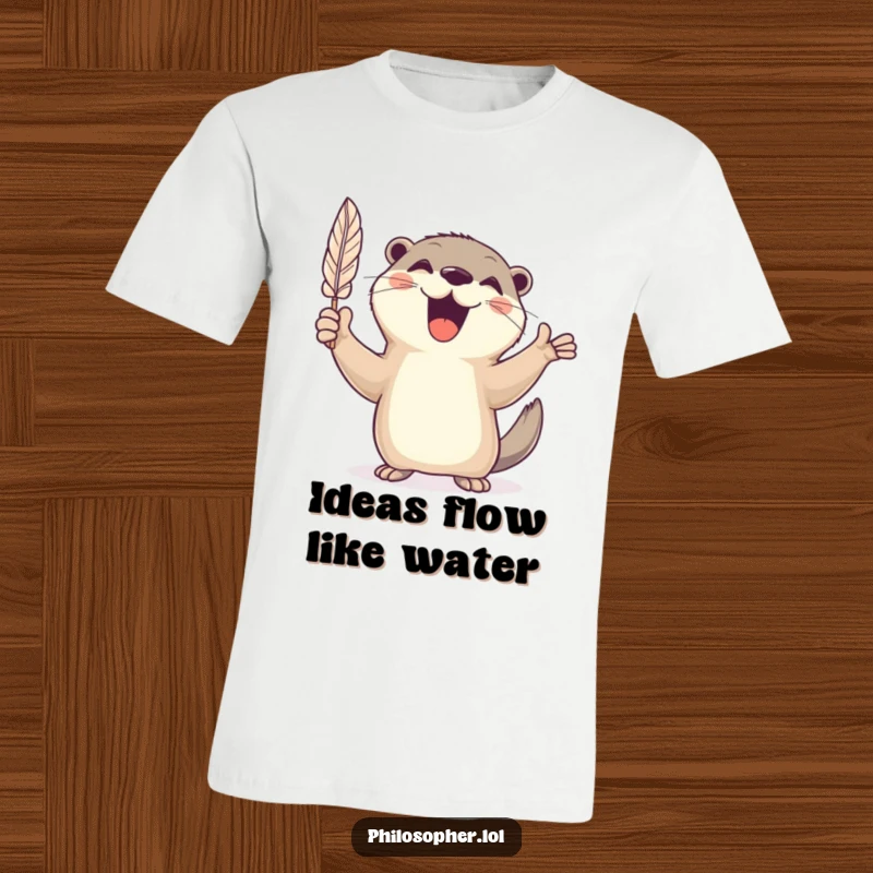 Funny t-shirt depicting a cheerful otter energetically gesturing with a feather quill, ready to write a masterpiece.