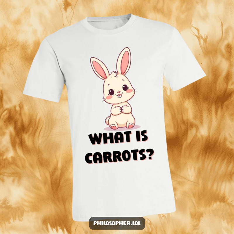 Funny t-shirt with a happy bunny gazing up at a large question mark, highlighting a moment of deep thought and playful curiosity.