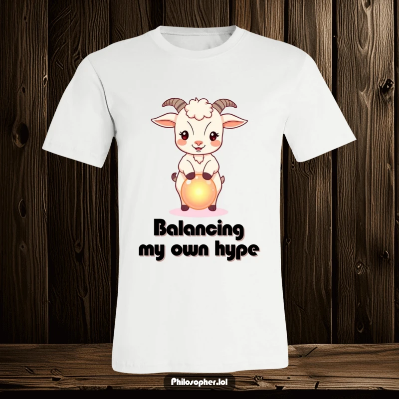 Funny t-shirt showcasing a bouncy goat with impressive balance, holding a small, glowing orb, representing magical skill.