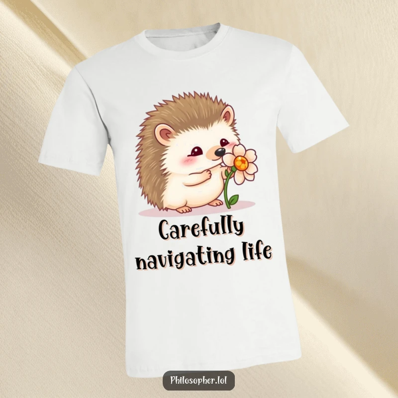 Funny wobbly hedgehog t-shirt: a cute hedgehog wobbling and looking at a flower, representing appreciation for nature.