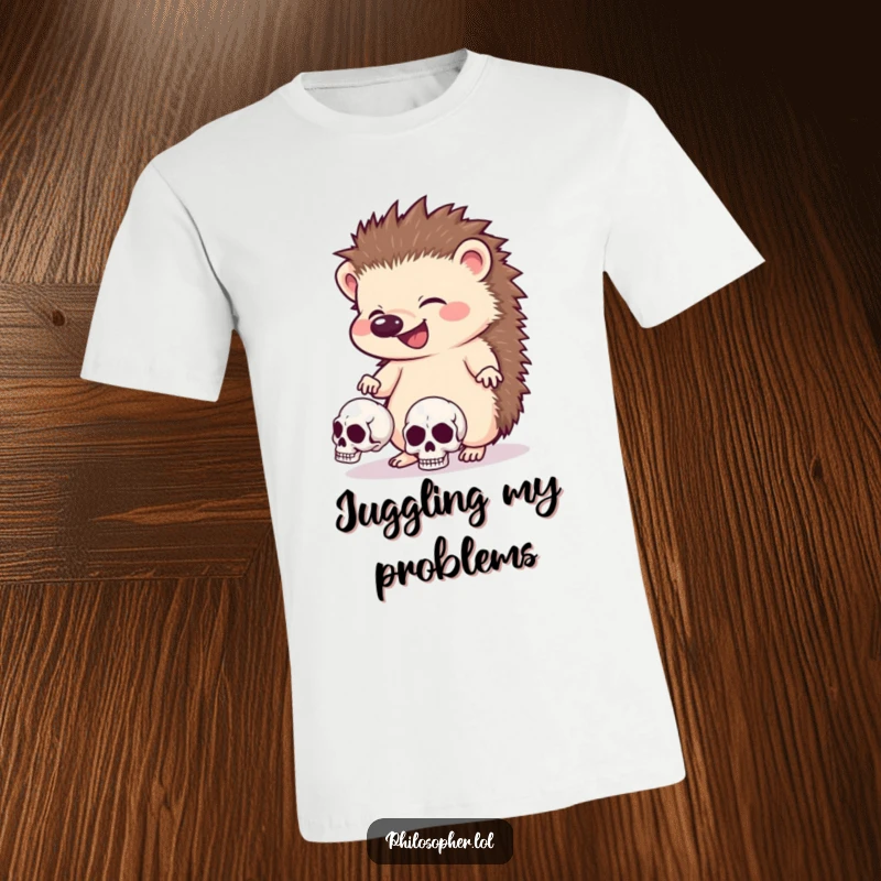 Funny hedgehog t-shirt, giggling with glee, juggling three small skulls, dark humor graphic, quirky apparel.