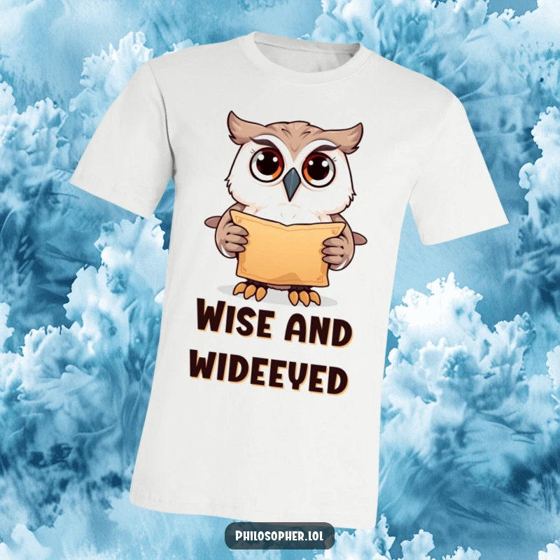 Funny owl with wide eyes, ancient scroll graphic tee, mysterious animal design, ideal funny gift.