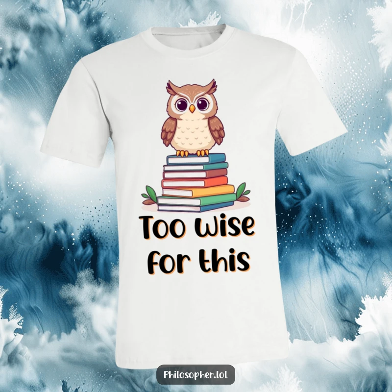 Funny owl t-shirt depicting a proud owl sitting majestically on a pile of books, symbolizing intelligence and literary pursuits.