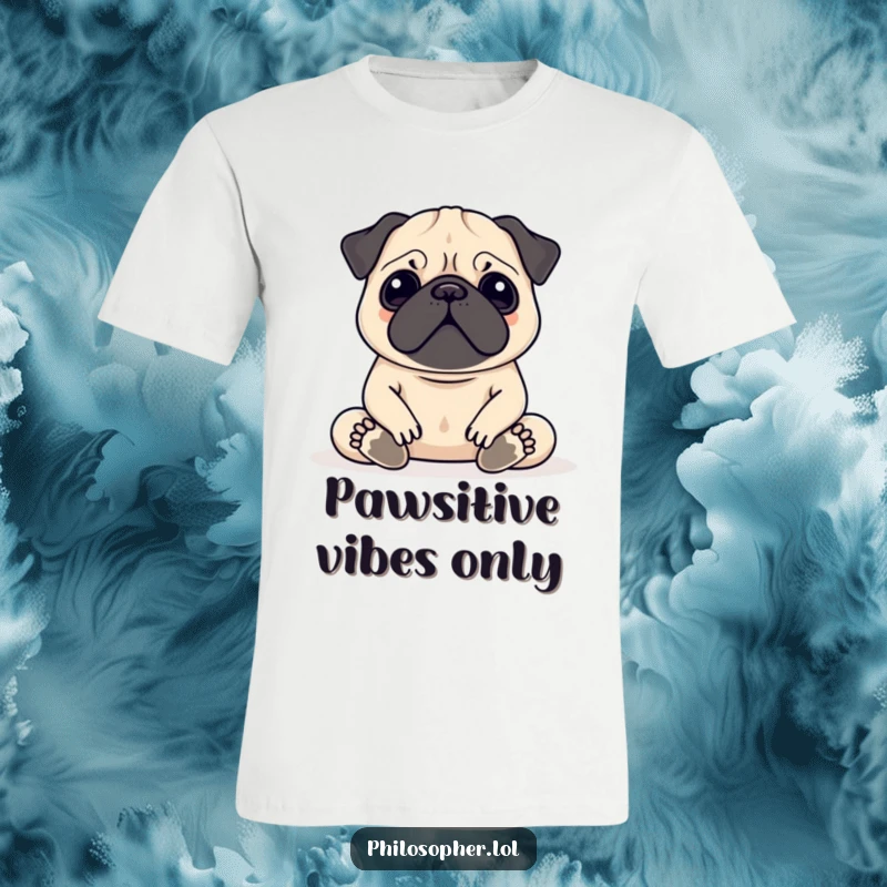 Funny Pug Meditation T-Shirt featuring a contented pug deeply meditating with a blissful expression, perfect for yoga lovers.