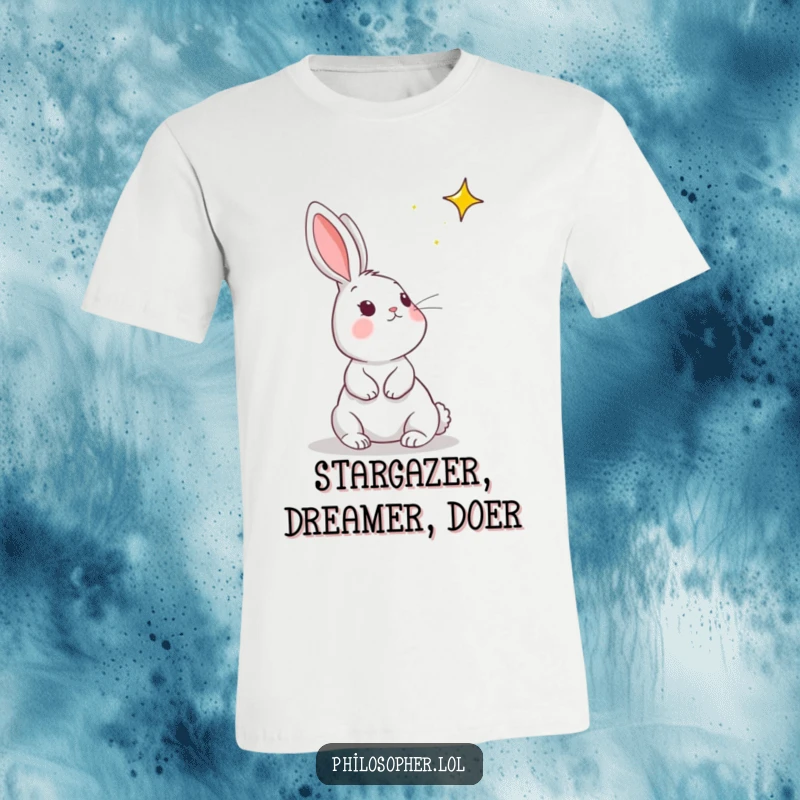 Funny rabbit t-shirt featuring a playful bunny staring wistfully at a far-off star, depicting hopeful dreams.
