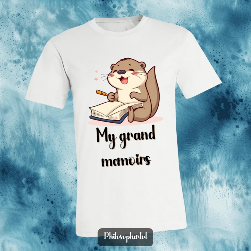 Funny t-shirt with a joyful otter intensely scribbling in a large book, showcasing a passion for creativity and artistic expression.