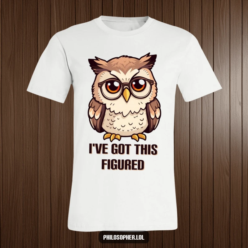 Funny owl t-shirt, curious owl wearing tiny spectacles, deep in thought illustration, smart and witty apparel.