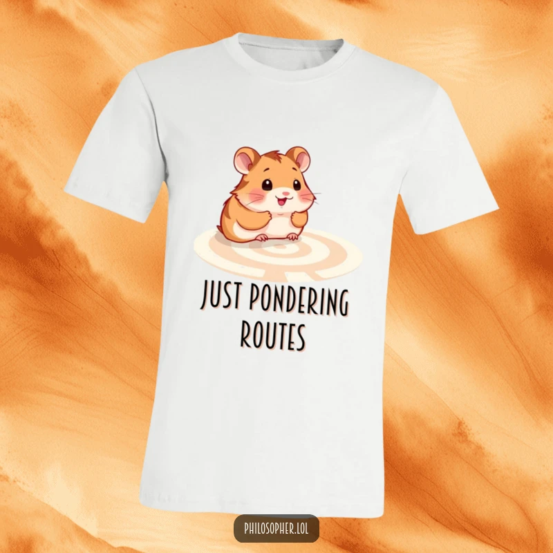 Funny hamster labyrinth t-shirt: a smiling hamster contemplating a maze, symbolizing curiosity and intellectual pursuit.