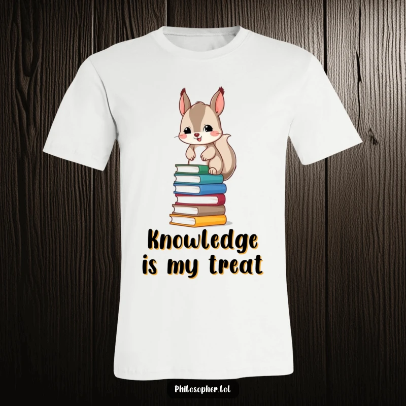Funny t-shirt showing a mischievous squirrel with big eyes, barely balancing a huge pile of books, a comical visual for book lovers.