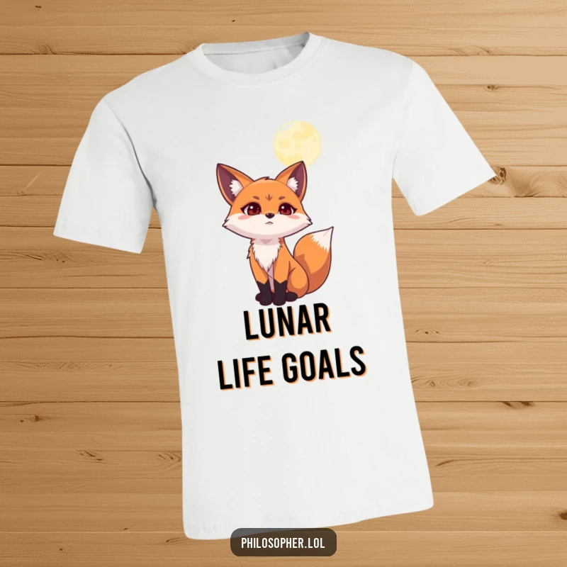 Funny t-shirt depicting a focused fox gazing at the moon, conveying deep, humorous contemplation and a love for the night sky.