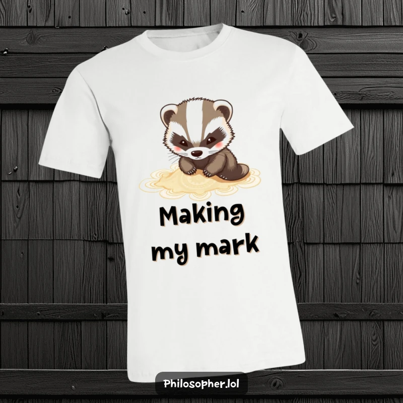 Funny badger t-shirt featuring a charming badger creating art by sketching patterns in the sand.