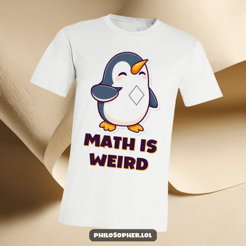 Funny Penguin Geometry T-Shirt featuring a curious penguin pointing at an intricate geometric pattern, celebrating intellect and humor.