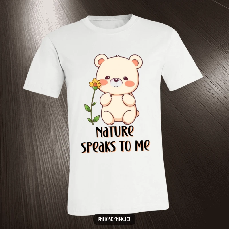 Funny bear t-shirt, beaming bear gestures thoughtfully towards a single flower, nature lover design, woodland graphic.