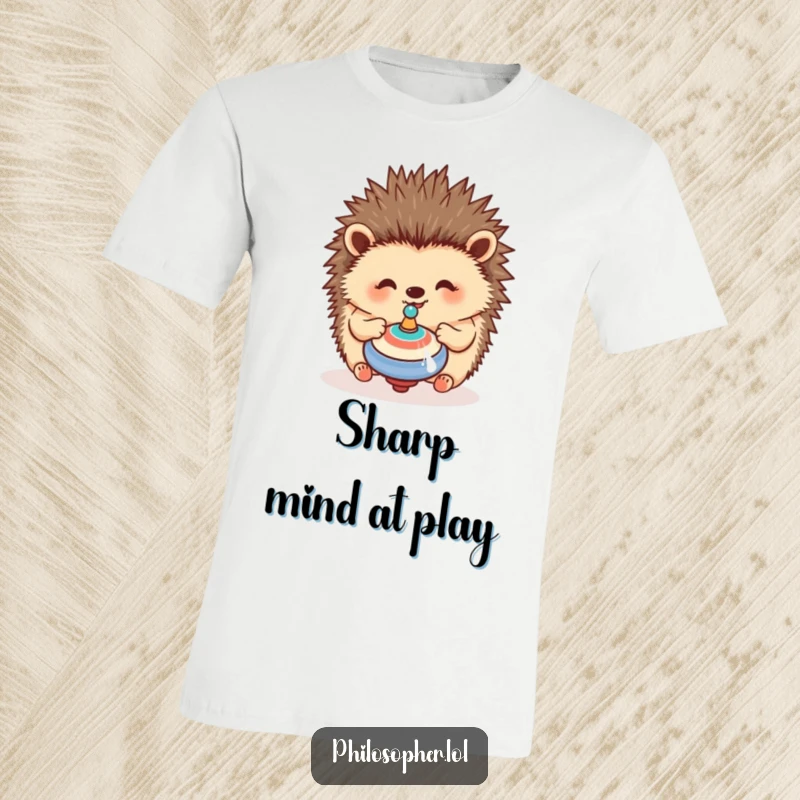 Funny hedgehog t-shirt with a happy hedgehog intently contemplating a spinning top, radiating playful curiosity.