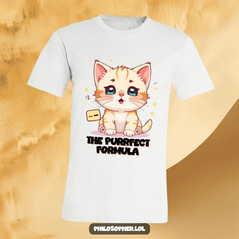 Funny kitten math equation t-shirt featuring a happy kitten with starry eyes contemplating a floating mathematical formula.