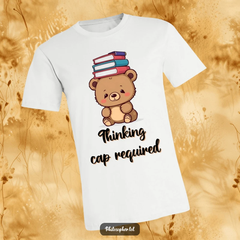 Funny bear cub balancing a tall stack of philosophy books on its head, wearing a t-shirt, witty and intellectual.