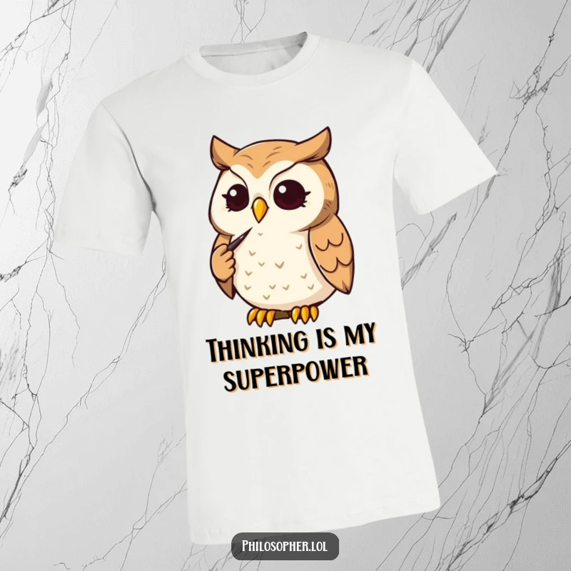 Funny Owl T-Shirt: A determined owl strokes its chin, thinking. This humorous graphic tee is great for intellectuals, a funny gift.