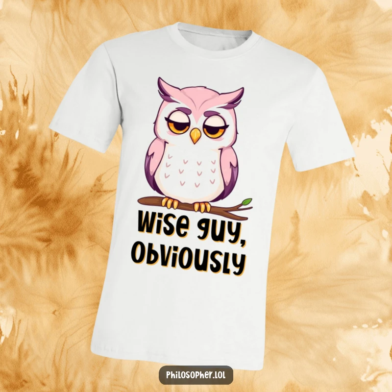 Funny t-shirt featuring a contemplative owl with a furrowed brow, chin stroked, lost in thought.
