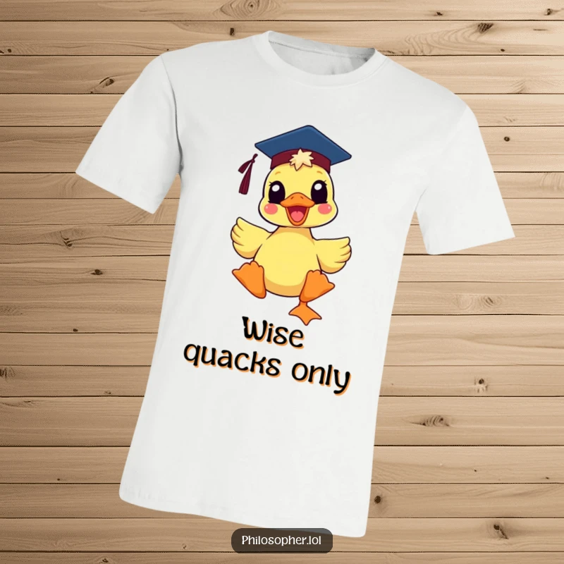 Funny delighted duck wearing a mortarboard hat, looking proud, printed on a t-shirt, representing academic success with humor.