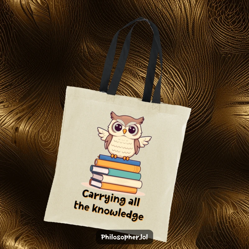 Funny owl tote bag, proudly perched on a mountain of books, ideal for carrying literary finds with humorous flair.