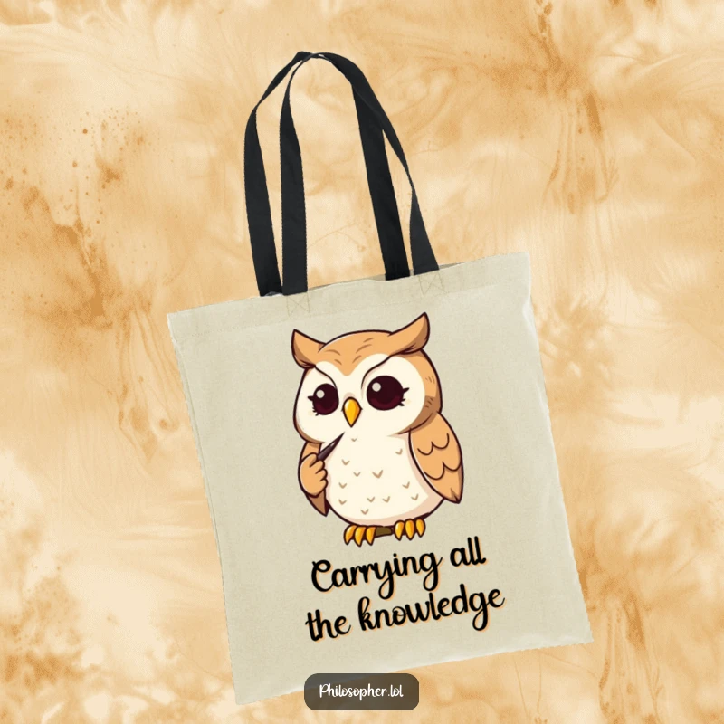 Funny Owl Tote Bag: A determined owl strokes its chin thoughtfully. This humorous tote is practical and smart, a funny gift.