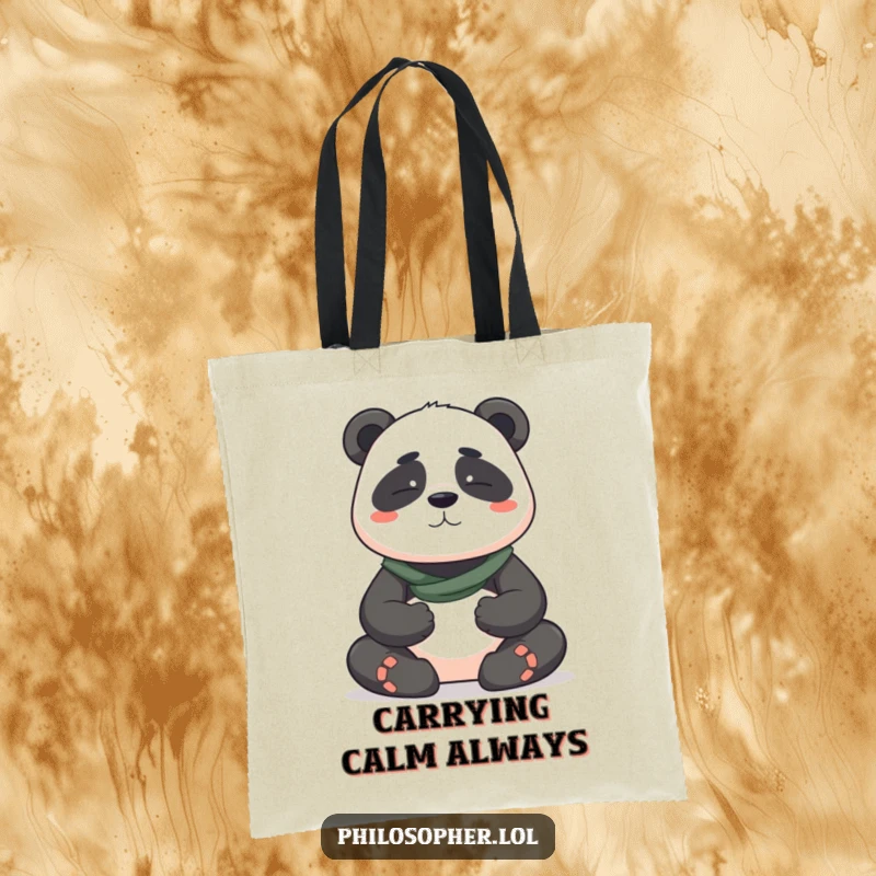 Funny tote bag featuring a brave panda meditating serenely, carrying a message of calm and lightheartedness for daily use.