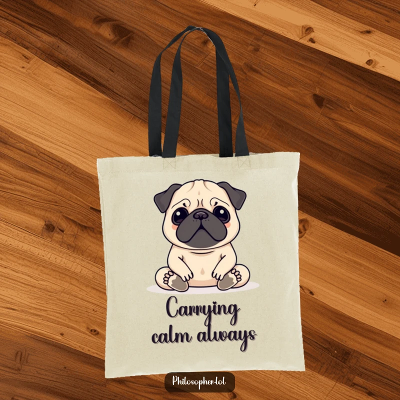 Funny Pug Meditation Tote Bag depicting a contented pug in a serene meditation pose, ideal for groceries or yoga gear.
