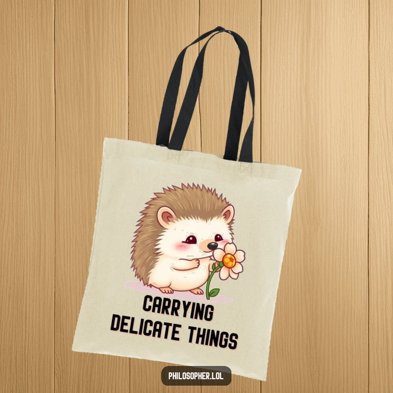 Funny wobbly hedgehog tote bag: a practical bag with a hedgehog wobbling near a flower, symbolizing appreciation.