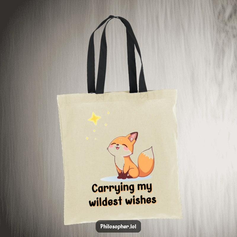 Funny tote bag with a joyful fox looking up at a distant, twinkling star.