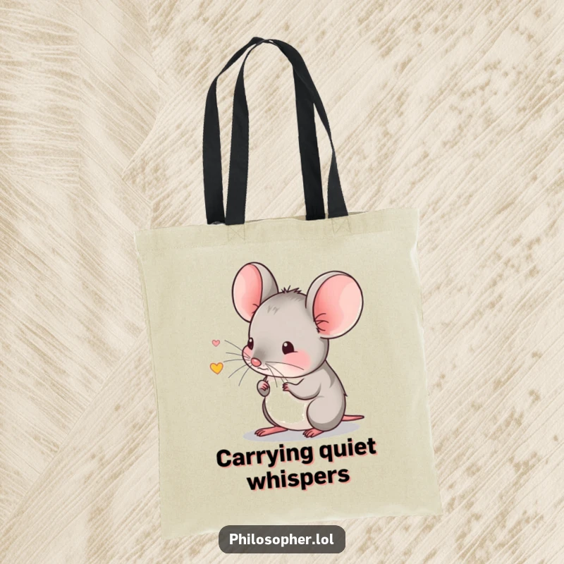 Funny tote bag depicting a shy mouse listening intently to a tiny echo, symbolizing contemplation and inner reflection.
