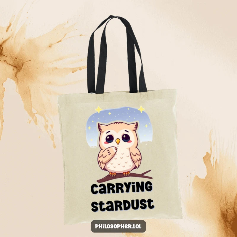 Funny tote bag with a thoughtful owl gazing at a starry sky, symbolizing wisdom and perfect for carrying books or essentials.