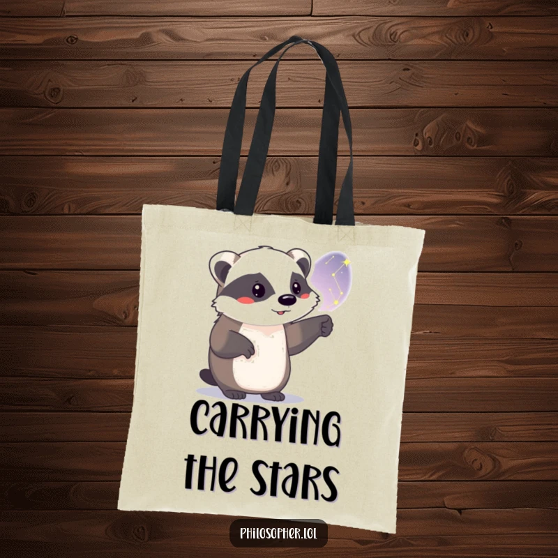 Funny badger tote bag, carrying books, proud badger pointing at a starry sky, celestial themed bag.